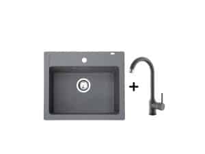 Metala set granitna usadna sudopera xQuadro 60 grafit 600x500 + xGranit slavina Roto za sudoperu grafit